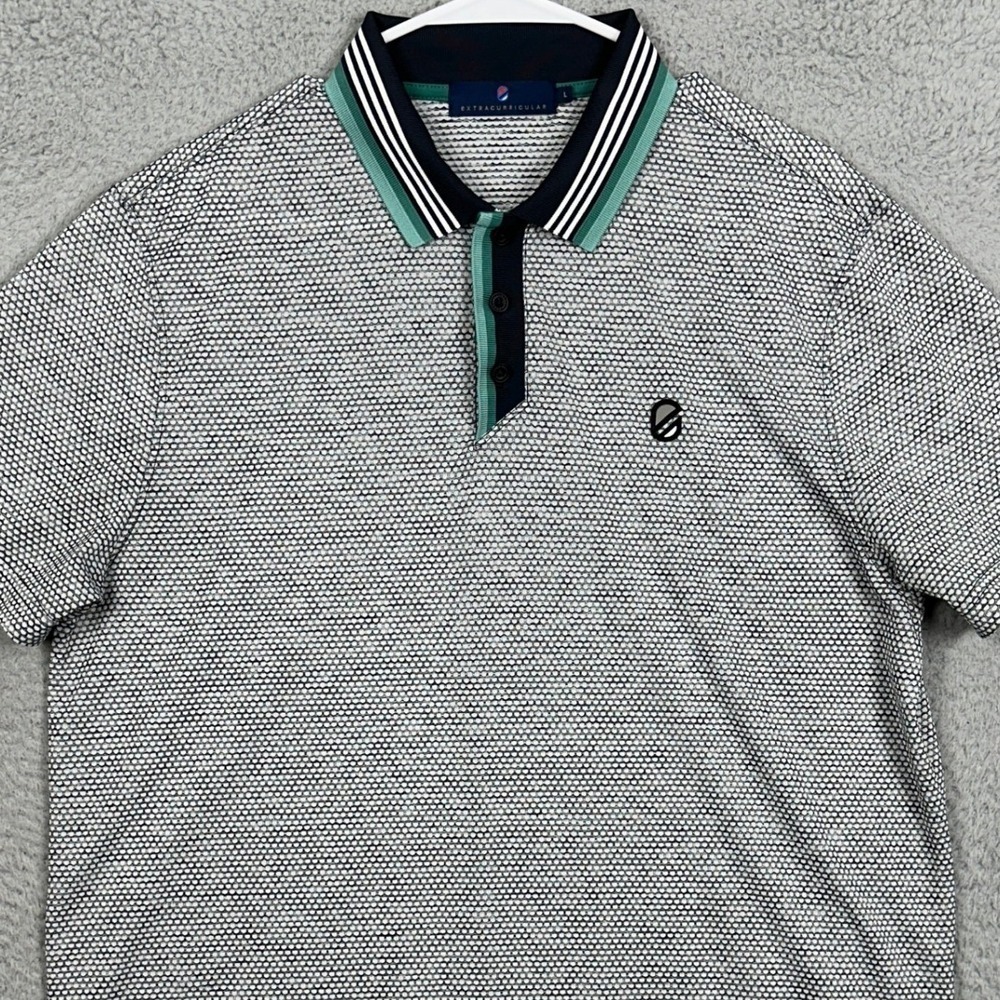 Extracurricular Polo Shirt Men Large Gray White Golf Rugby Honeycomb Stretch EUC